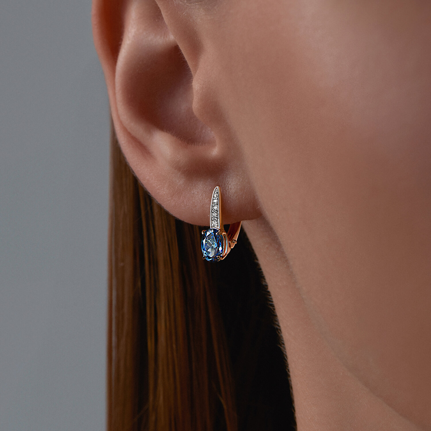 Diamant 51-320-01933-6 Women's Red Gold 585 Earrings with Oval London Topaz and Cubic Zirconia, Rhodium Plated, English Lock, 2.29g
