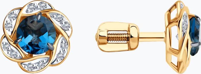 Серьги-пусеты Diamant 51-322-01746-2 из красного золота 585 с натуральным синим лондонским топазом и фианитами, 2.26 г, 9x5x9 мм