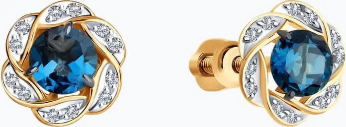 Серьги-пусеты Diamant 51-322-01746-2 из красного золота 585 с натуральным синим лондонским топазом и фианитами, 2.26 г, 9x5x9 мм
