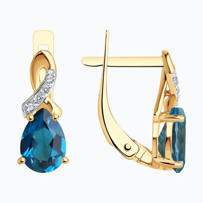 Cercei SOKOLOV pentru femei din aur roșu 375 cu topaz albastru și zirconiu, închidere englezească, lungime 17mm, SKU 37728098