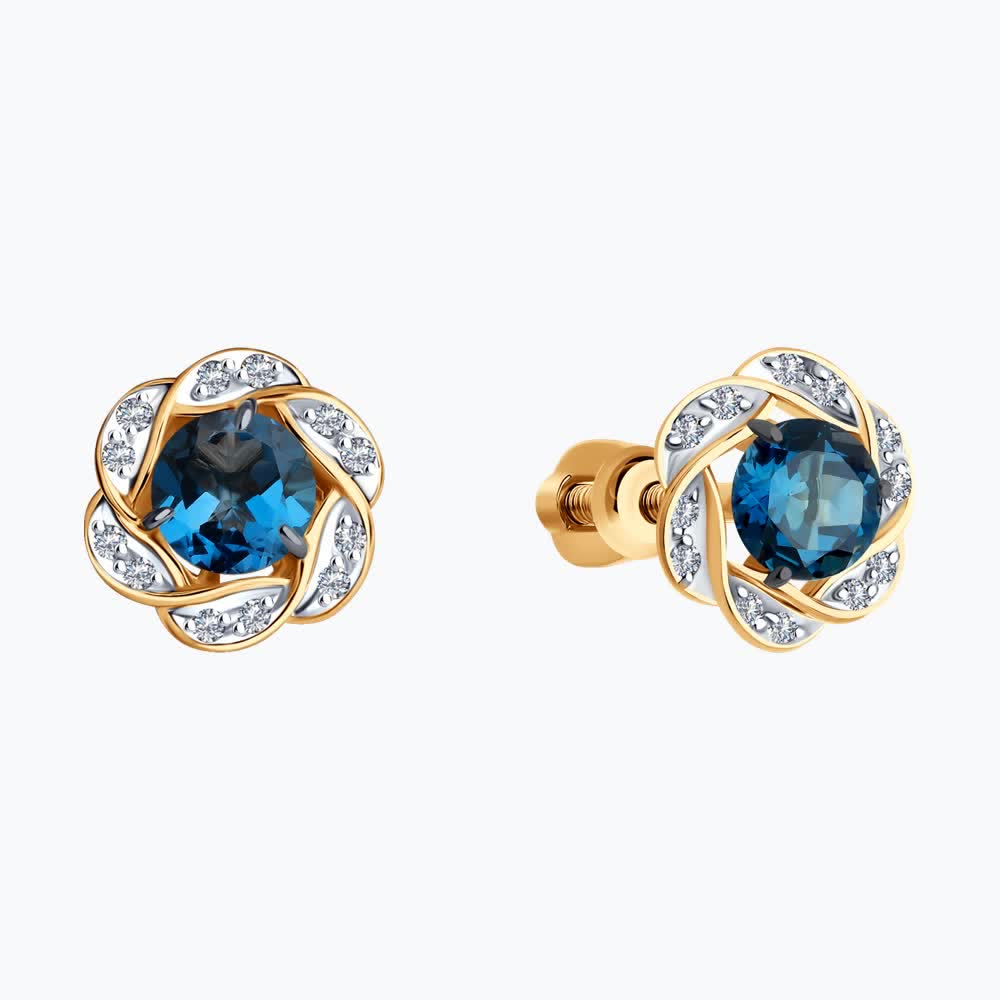 Серьги-пусеты Diamant 51-322-01746-2 из красного золота 585 с натуральным синим лондонским топазом и фианитами, 2.26 г, 9x5x9 мм