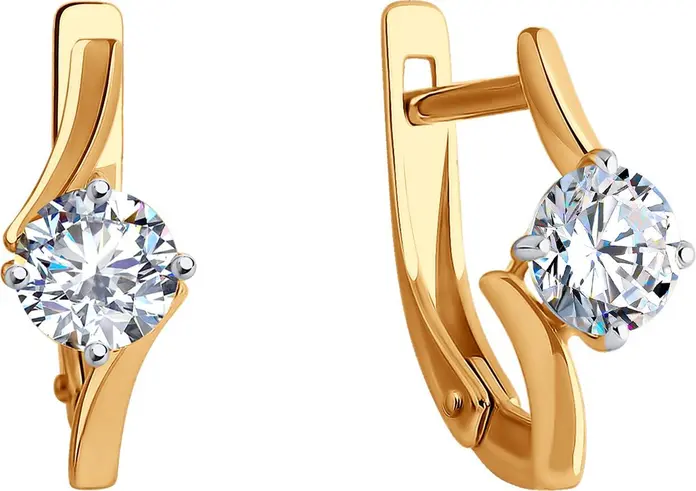 Серьги Diamant 51-120-01928-1 для женщин, красное золото 585 пробы, круглый бесцветный фианит 5 мм, английский замок, 1.692 ct, 16x6x4 мм
