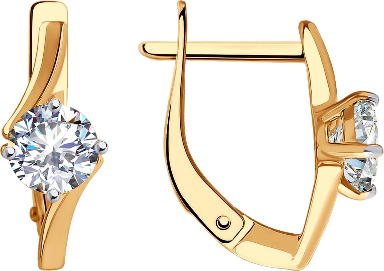 Серьги Diamant 51-120-01928-1 для женщин, красное золото 585 пробы, круглый бесцветный фианит 5 мм, английский замок, 1.692 ct, 16x6x4 мм