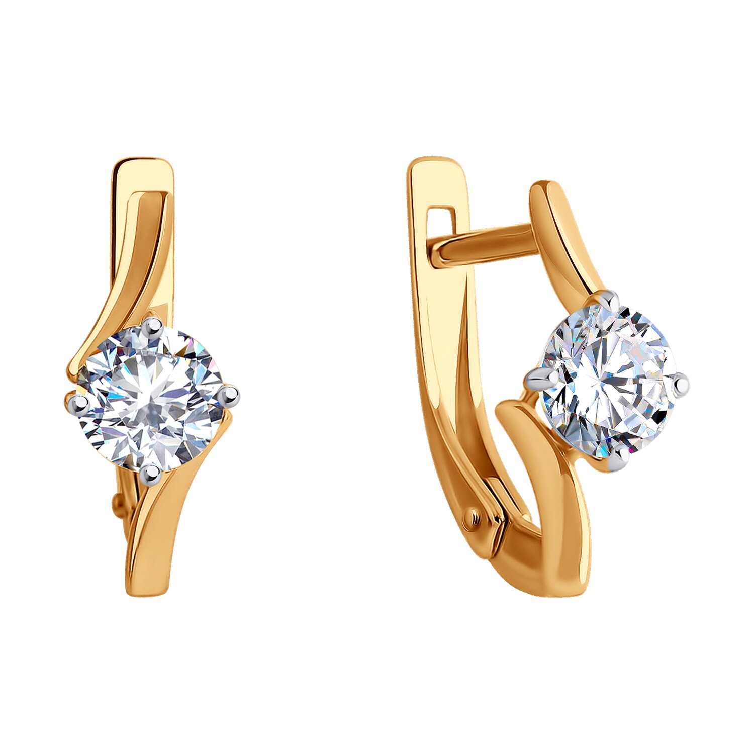 Серьги Diamant 51-120-01928-1 для женщин, красное золото 585 пробы, круглый бесцветный фианит 5 мм, английский замок, 1.692 ct, 16x6x4 мм