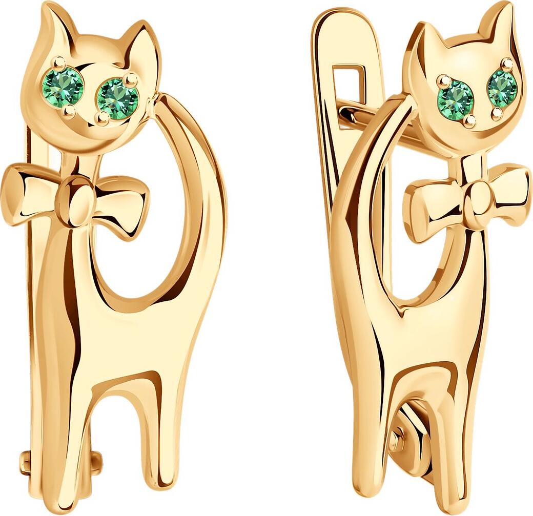 SOKOLOV 025006 Children's Earrings in Red Gold 585 with Green Cubic Zirconia, Cat Figure with Bow Design, English Lock, 1.41g