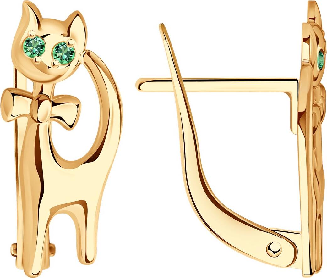 SOKOLOV 025006 Children's Earrings in Red Gold 585 with Green Cubic Zirconia, Cat Figure with Bow Design, English Lock, 1.41g