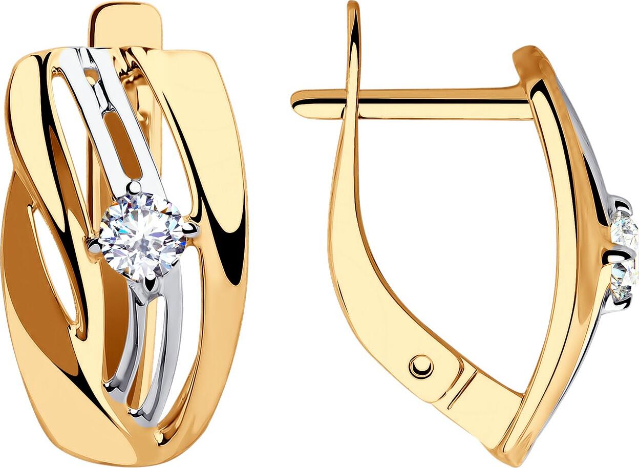 SOKOLOV 028262 Women's Earrings, 585 Red Gold with Rhodium Coating, Round Colorless Cubic Zirconia 3mm, English Lock, 2.65g