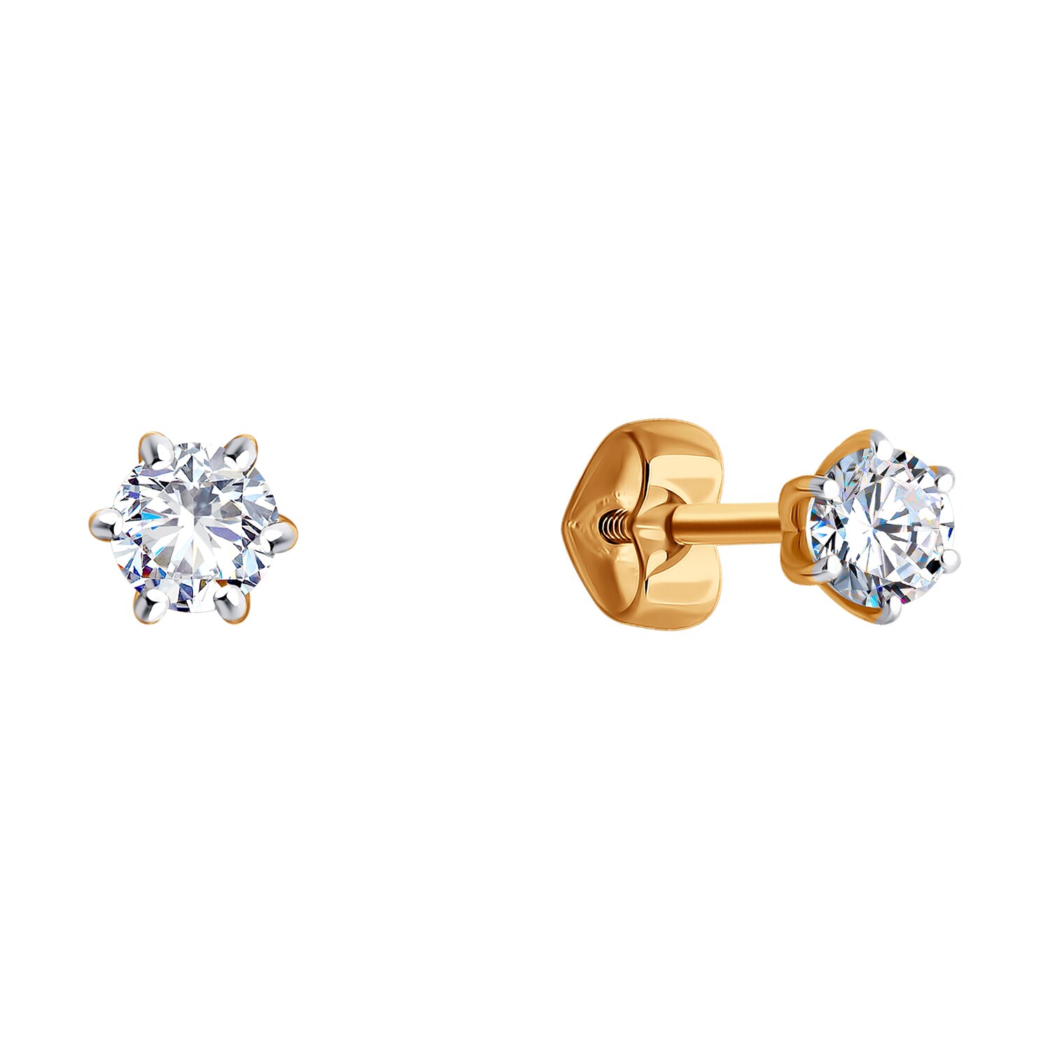 Diamant 51-122-01002-2 Women's Classic Earrings, 585 Red Gold, 4mm Round Colorless Cubic Zirconia, Screw-back Pusette Clasp, 0.901 ct