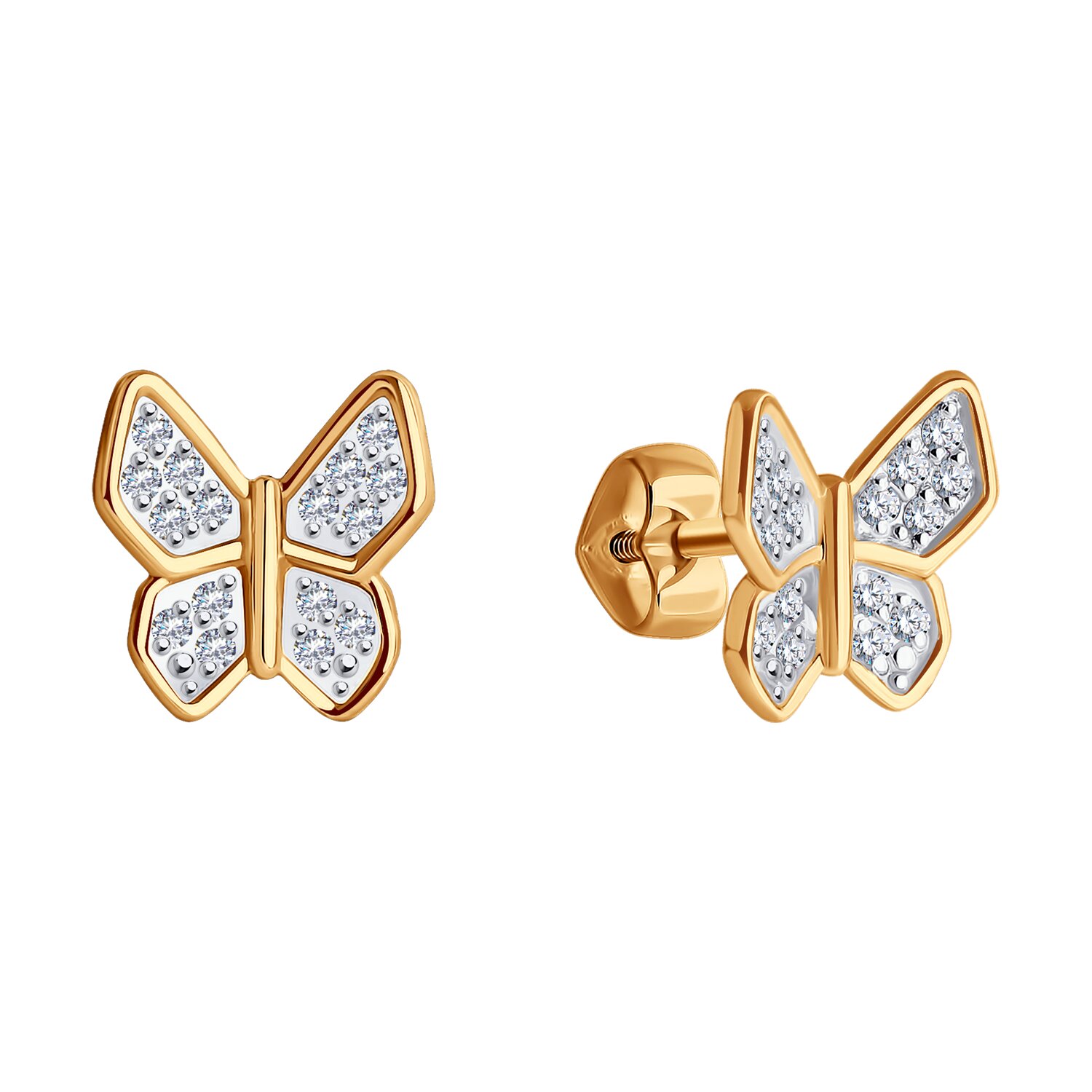 Cercei damă Diamant 51-122-01884-2 formă fluture, Aur Roșu 585 cu placare rodiu, Cubic Zirconia incolor rotund, 0.272 ct, 9x9 mm, tip pusette