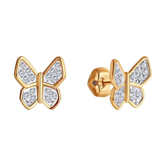 Cercei damă Diamant 51-122-01884-2 formă fluture, Aur Roșu 585 cu placare rodiu, Cubic Zirconia incolor rotund, 0.272 ct, 9x9 mm, tip pusette
