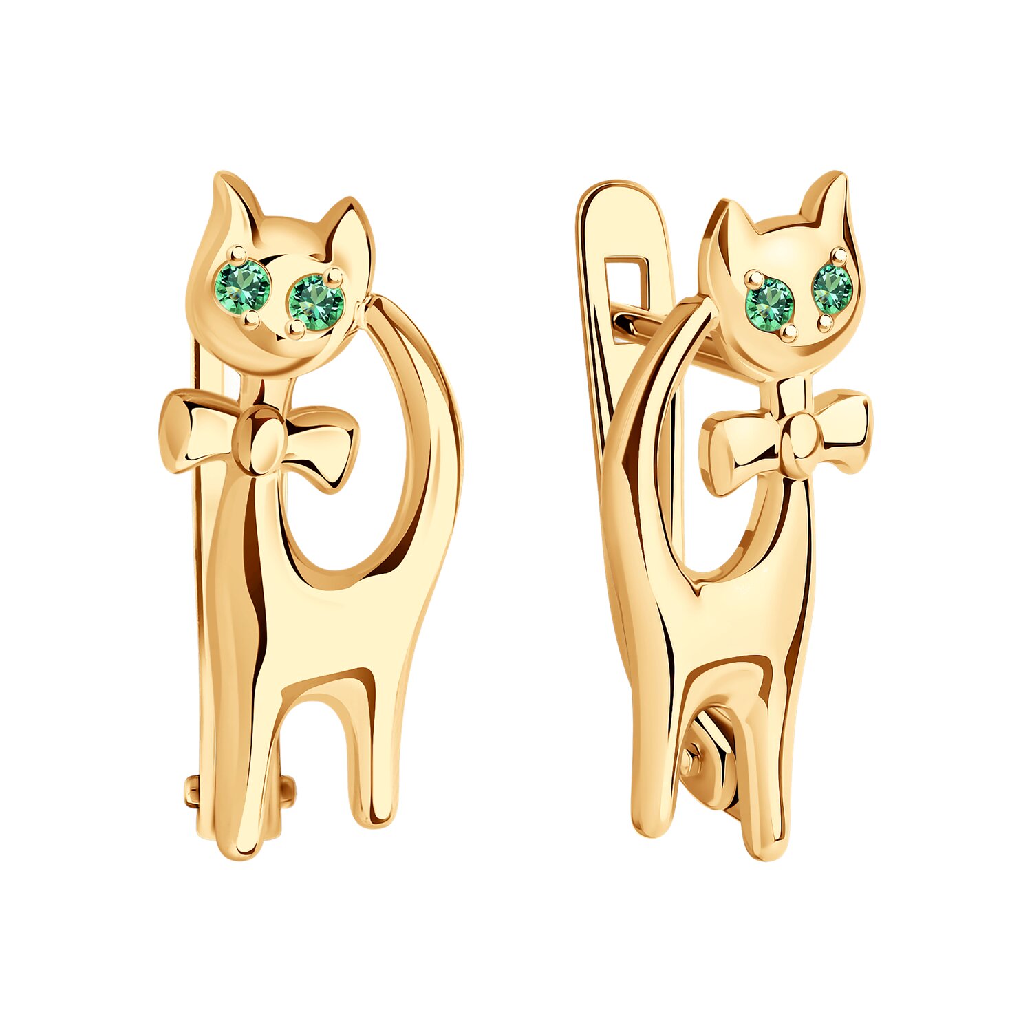SOKOLOV 025006 Children's Earrings in Red Gold 585 with Green Cubic Zirconia, Cat Figure with Bow Design, English Lock, 1.41g
