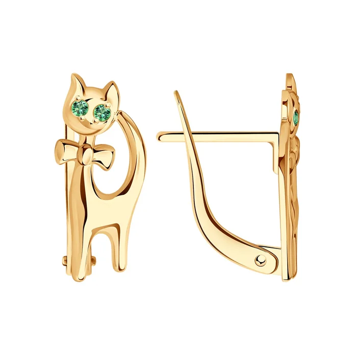 SOKOLOV 025006 Children's Earrings in Red Gold 585 with Green Cubic Zirconia, Cat Figure with Bow Design, English Lock, 1.41g