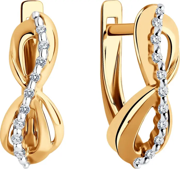 Cercei Diamant 51-120-02063-1 pentru femei, Aur Roșu 585, Cubic Zirconia Incolor Round, 18 pietre, Închidere Englezească, 17x6x2 mm, 2.36g