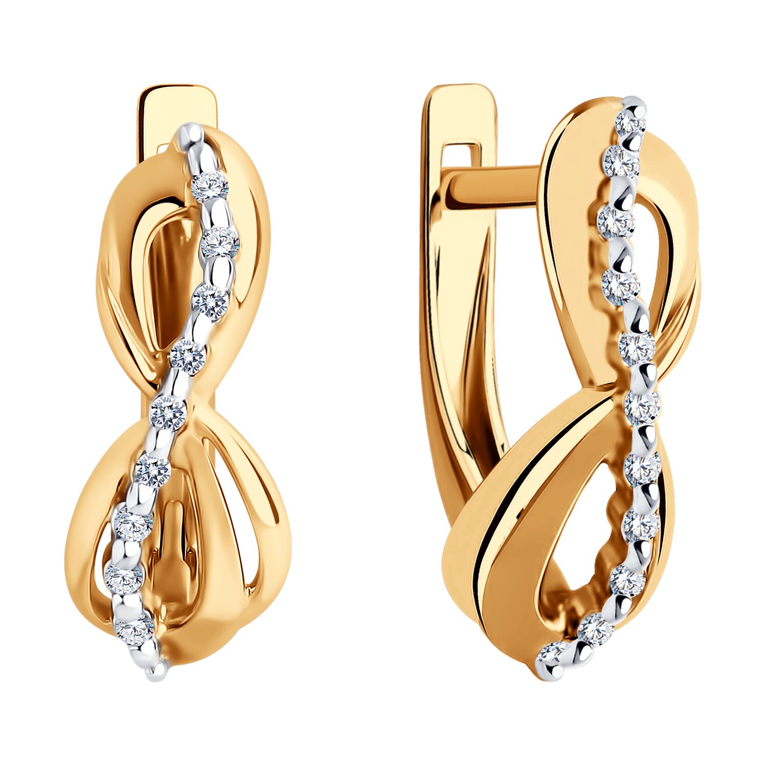 Cercei Diamant 51-120-02063-1 pentru femei, Aur Roșu 585, Cubic Zirconia Incolor Round, 18 pietre, Închidere Englezească, 17x6x2 mm, 2.36g