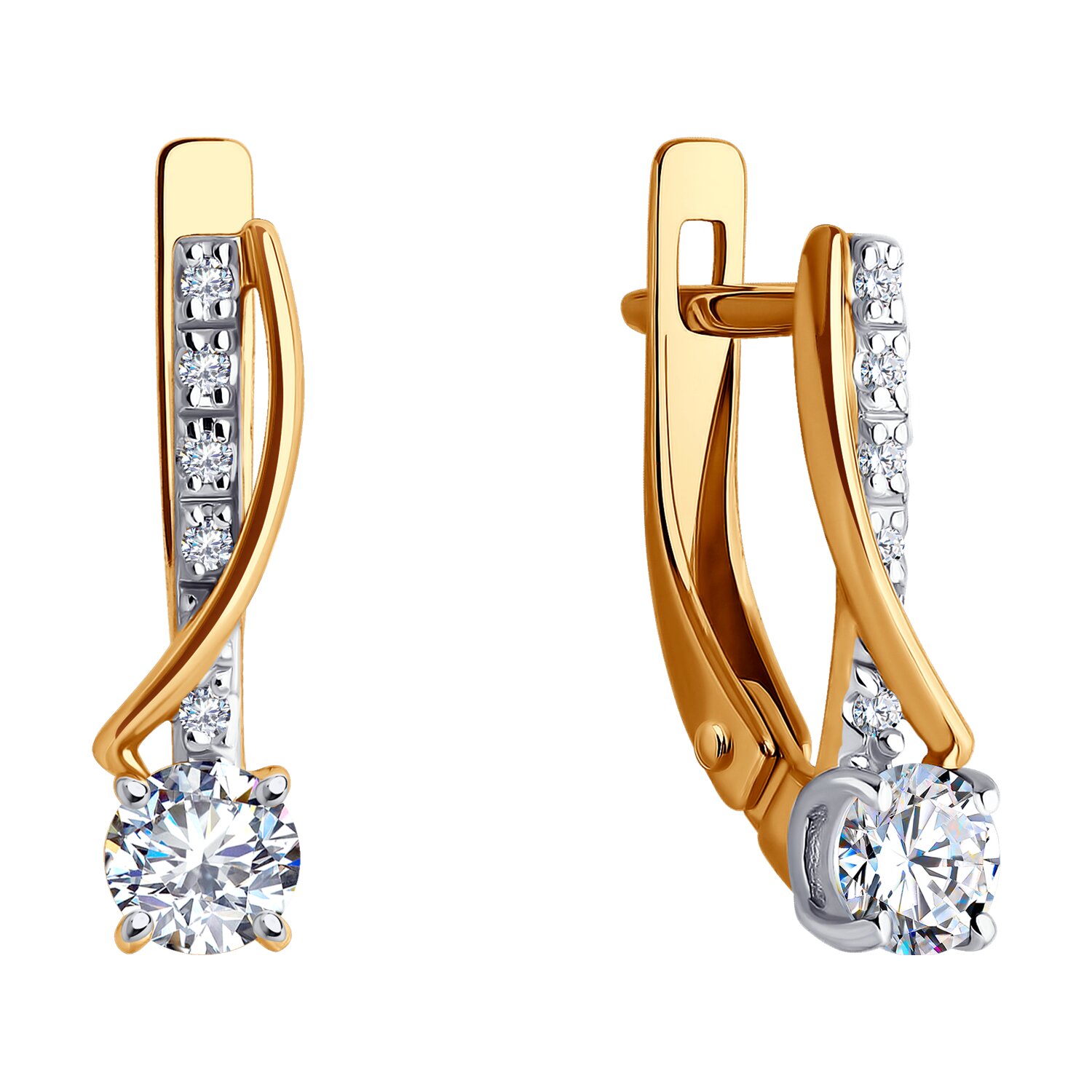 Bijuterie Diamant 51-120-02174-1 pentru femei, Aur Roșu 585, Placare cu Rodiu, Zirconiu Cubic Incolor Rotund 0.085ct, Închidere Englezească, 15x4x3mm, 1.96g