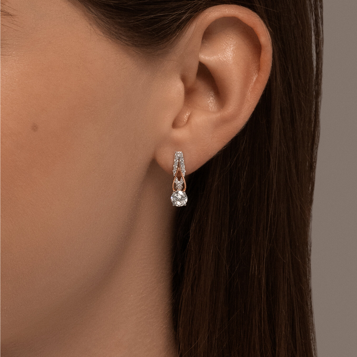 Diamant 51-120-02515-1 Women's Earrings, 585 Red Gold, 22 Round Colorless Cubic Zirconia 0.187 ct, English Lock Clasp, 2.44g