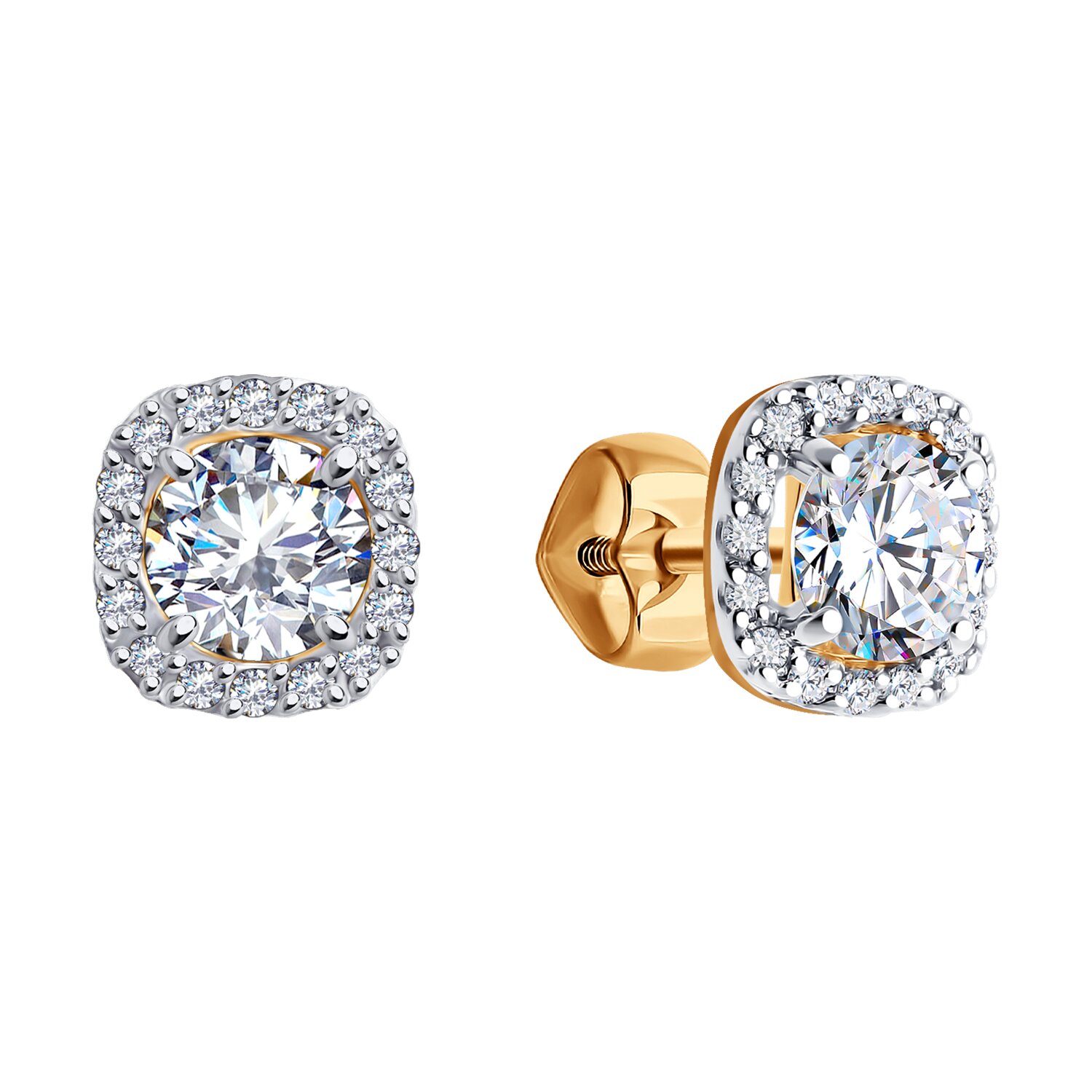 Cercei Diamant 51-122-02355-1 pentru dame, aur roșu 585, cu zirconiu cubic rotund incolor 0.272 ct (32 piese), 7x7x3 mm, tip stift (pusette)