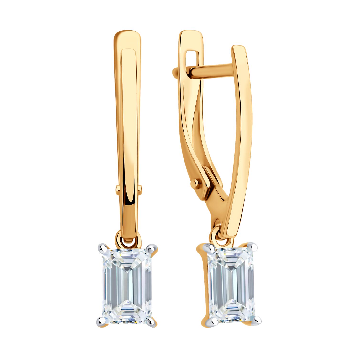 SOKOLOV 0200515 Women's Earrings, 585 Red Gold, Baguette Colorless Cubic Zirconia 1.78 ct, English Lock, 25x5x2 mm, 2.29 g