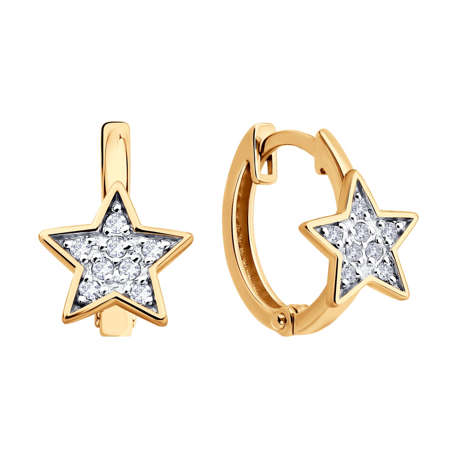 SOKOLOV 0200653 Children's Hoop Earrings with Star Pendants, 585 Red Gold, Rhodium Plated, Colorless Cubic Zirconia 0.152 ct, 1.52 g
