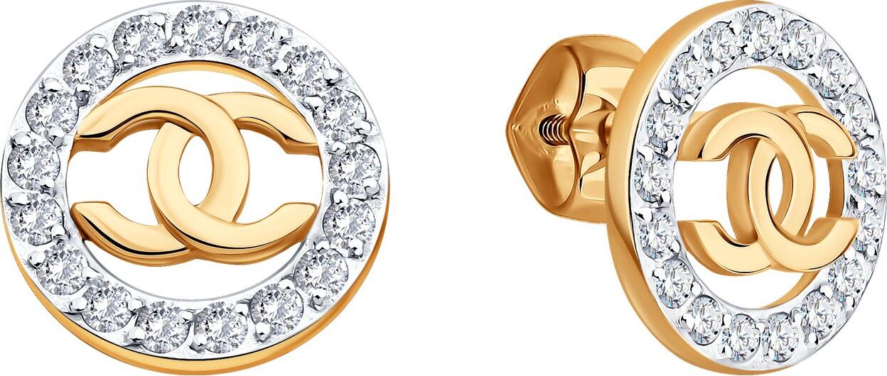 Diamant 51-122-02979-1 Women's Stud Earrings, 585 Red Gold with Rhodium Coating, Round Colorless Cubic Zirconia 0.561 ct, 10x10x2 mm