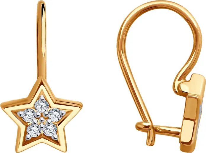Diamant 51-120-02764-1 Children's Star-Shaped Earrings, 585 Red Gold, Rhodium Plated, Round Colorless Cubic Zirconia 0.165ct, French Clasp, 14x8x3 mm