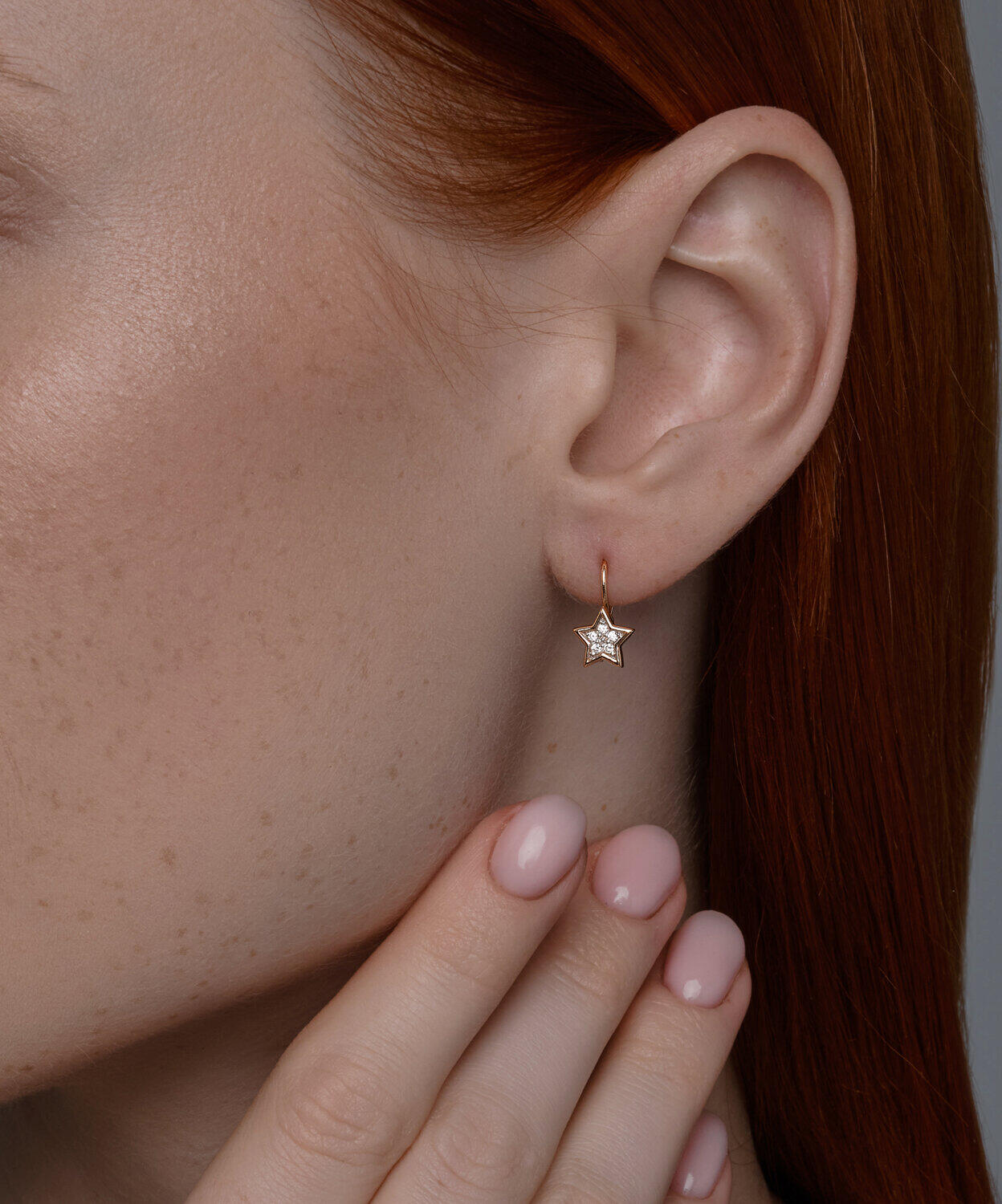 Diamant 51-120-02764-1 Children's Star-Shaped Earrings, 585 Red Gold, Rhodium Plated, Round Colorless Cubic Zirconia 0.165ct, French Clasp, 14x8x3 mm