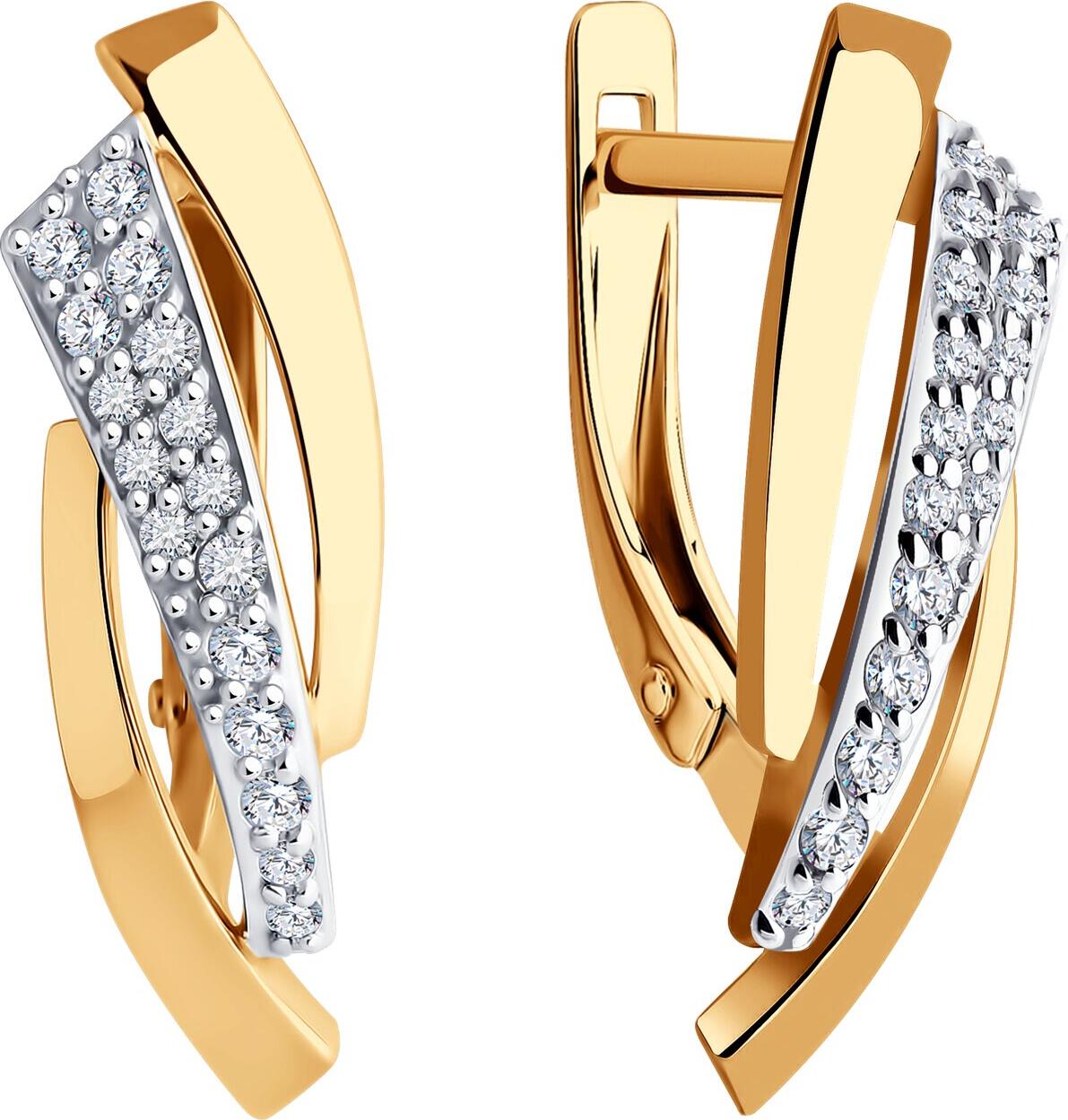 Diamant 51-120-02103-1 Женские серьги из красного золота 585 с 18 круглыми бесцветными фианитами 0.297 ct английский замок 22x7x3 мм