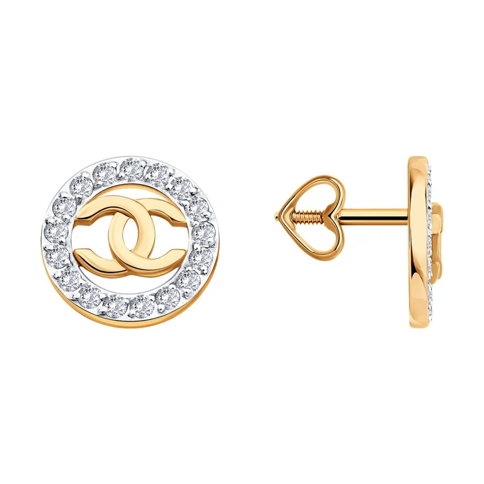 Diamant 51-122-02979-1 Women's Stud Earrings, 585 Red Gold with Rhodium Coating, Round Colorless Cubic Zirconia 0.561 ct, 10x10x2 mm