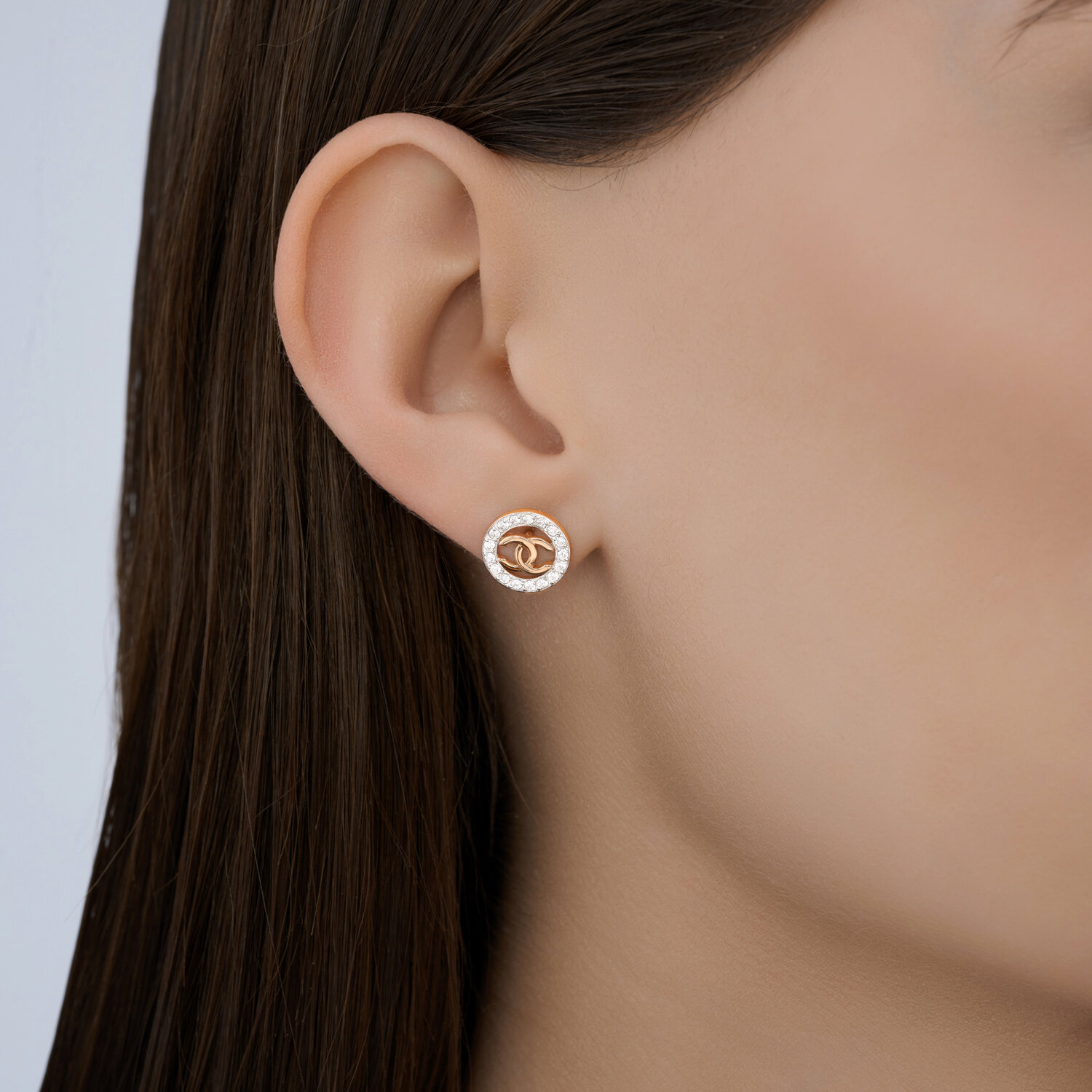 Diamant 51-122-02979-1 Women's Stud Earrings, 585 Red Gold with Rhodium Coating, Round Colorless Cubic Zirconia 0.561 ct, 10x10x2 mm