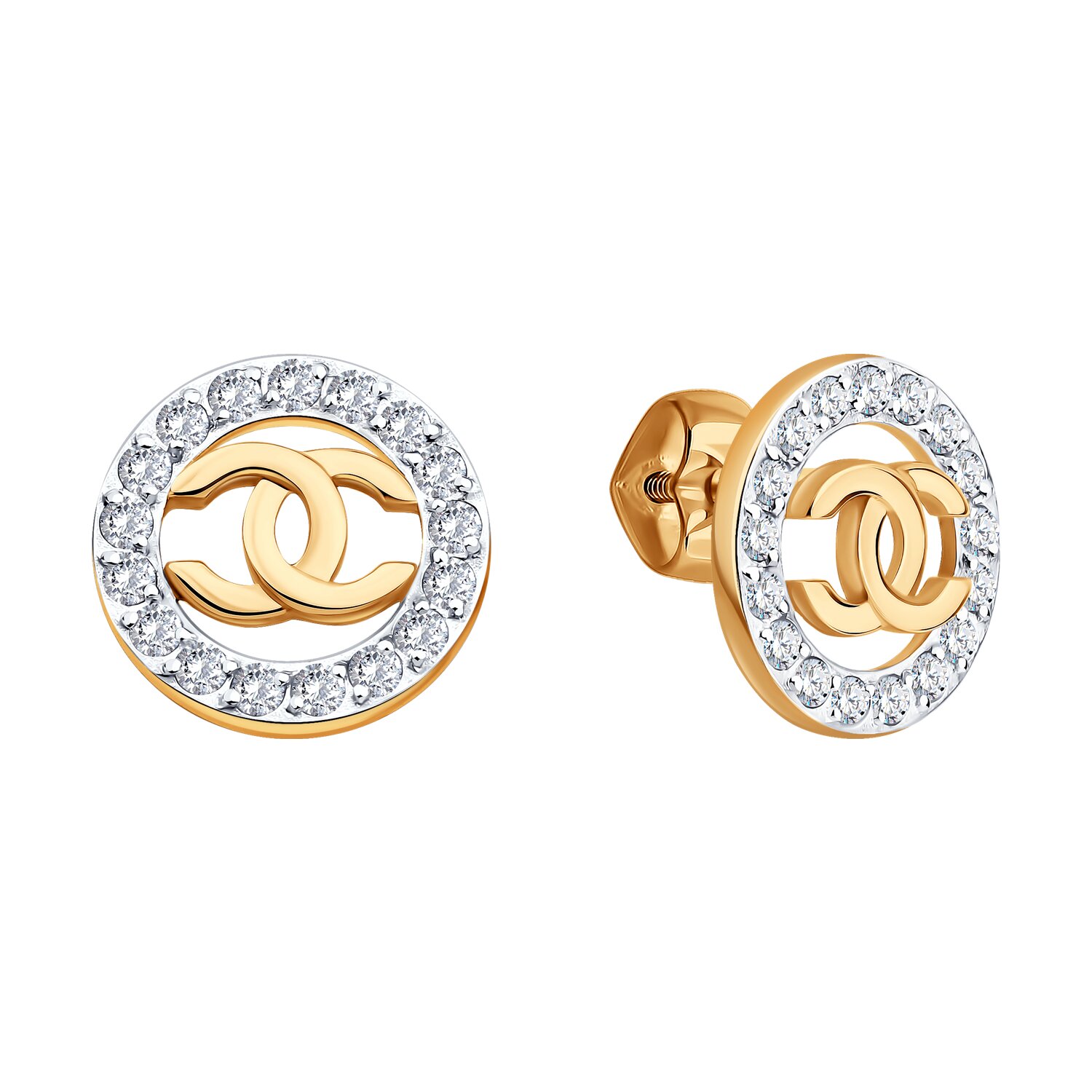 Diamant 51-122-02979-1 Women's Stud Earrings, 585 Red Gold with Rhodium Coating, Round Colorless Cubic Zirconia 0.561 ct, 10x10x2 mm