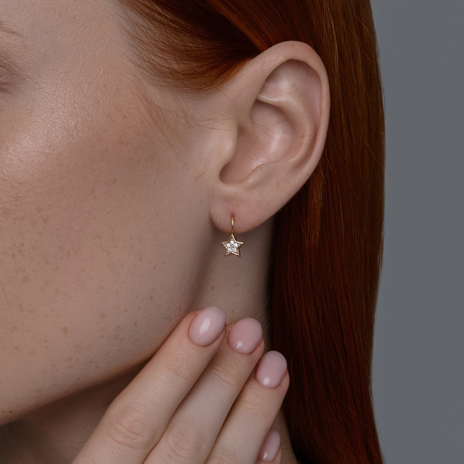 Diamant 51-120-02764-1 Children's Star-Shaped Earrings, 585 Red Gold, Rhodium Plated, Round Colorless Cubic Zirconia 0.165ct, French Clasp, 14x8x3 mm