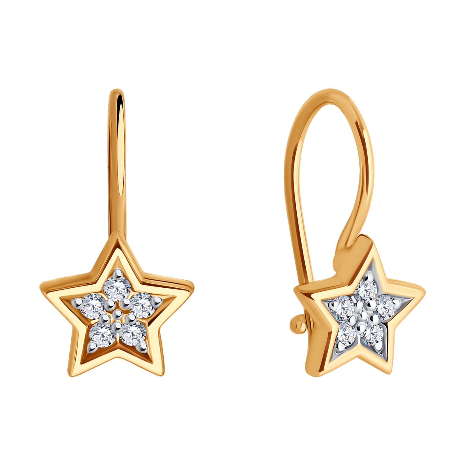 Diamant 51-120-02764-1 Children's Star-Shaped Earrings, 585 Red Gold, Rhodium Plated, Round Colorless Cubic Zirconia 0.165ct, French Clasp, 14x8x3 mm