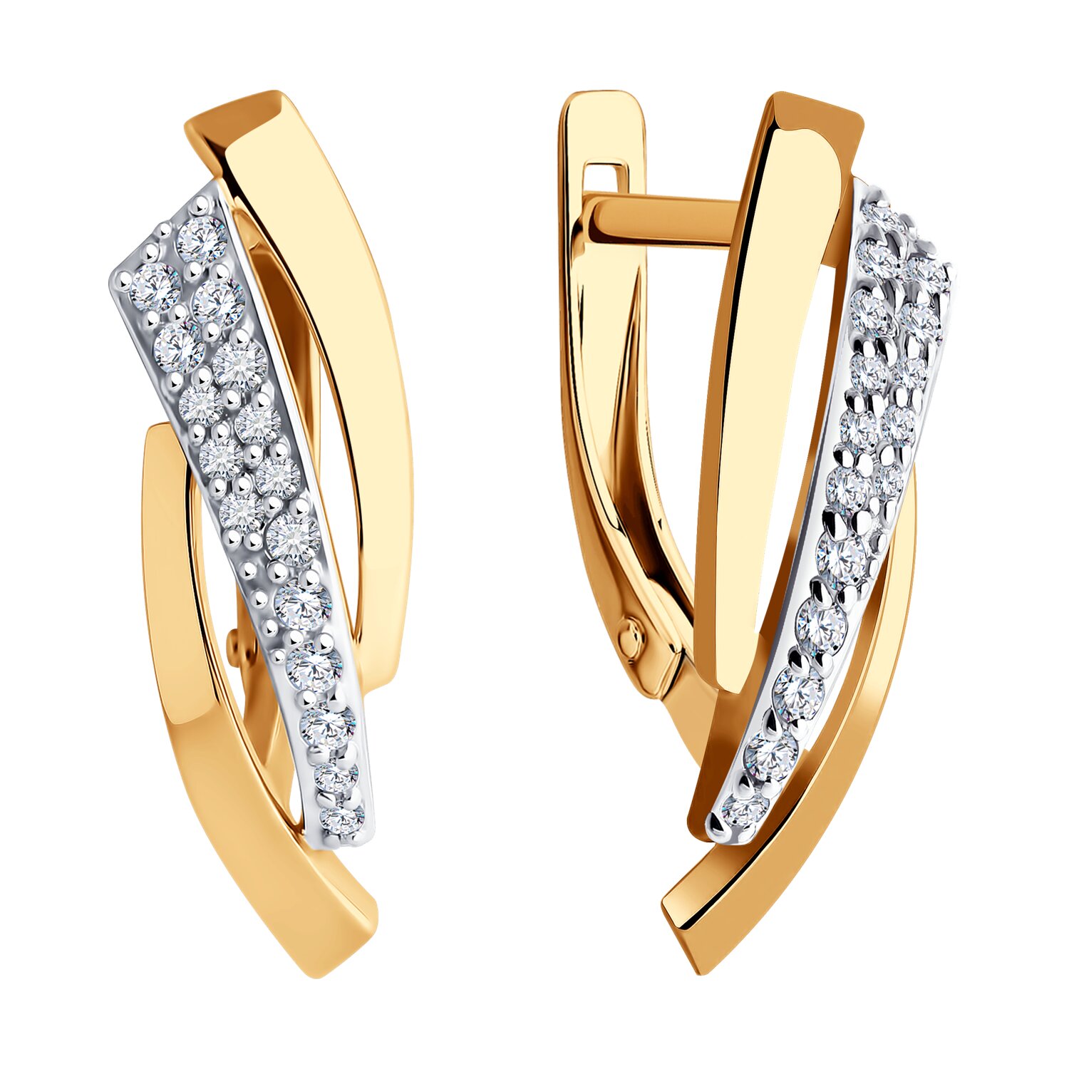 Diamant 51-120-02103-1 Женские серьги из красного золота 585 с 18 круглыми бесцветными фианитами 0.297 ct английский замок 22x7x3 мм