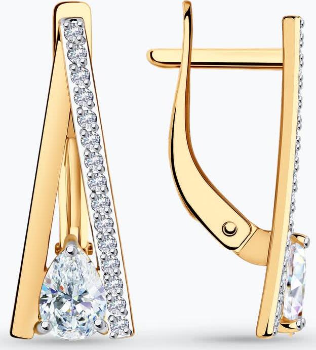 Cercei SOKOLOV 029419-4 pentru femei, Aur Roșu 375 cu placare Rodiu, Cubic Zirconia incolore, Închidere Englezească, 2.62g