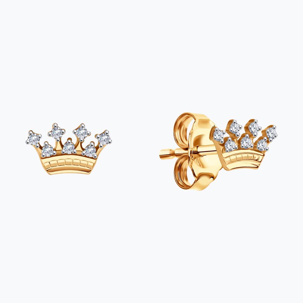 SOKOLOV 029927 Cercei pentru copii în formă de coroană, Aur Roșu 585 cu Zirconiu Cubic rotund incolore, Închidere Stud, 0.7g, 8x5x1 mm