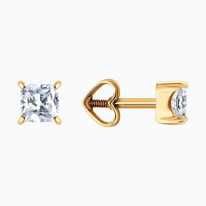 Cercei Diamant 51-122-02938-1 pentru femei, Aur Roșu 585, Zirconiu Cubic Pătrat Incolor 4x4mm, Închidere Tip Șurub, Stil Clasic