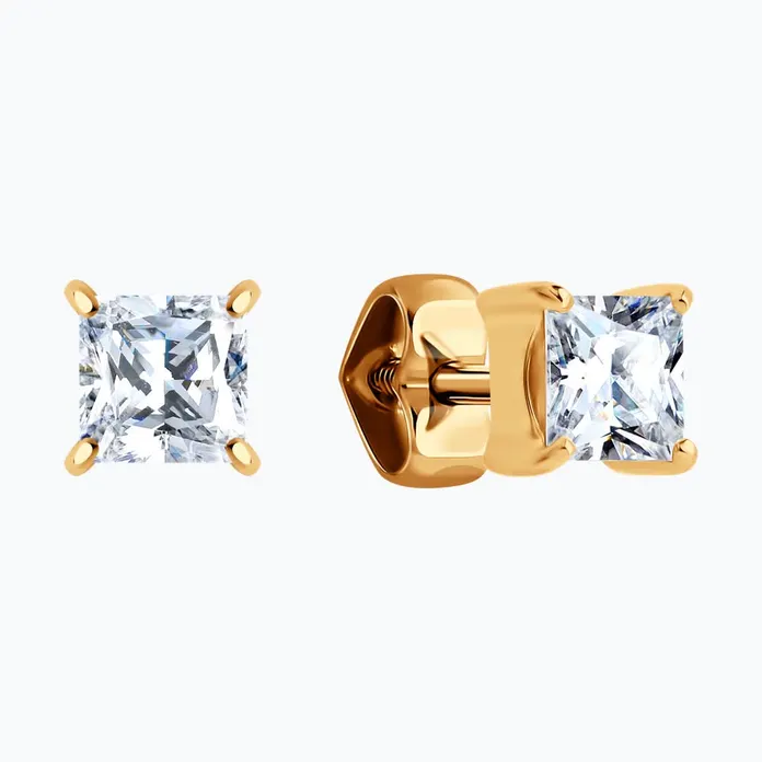 Cercei Diamant 51-122-02938-1 pentru femei, Aur Roșu 585, Zirconiu Cubic Pătrat Incolor 4x4mm, Închidere Tip Șurub, Stil Clasic