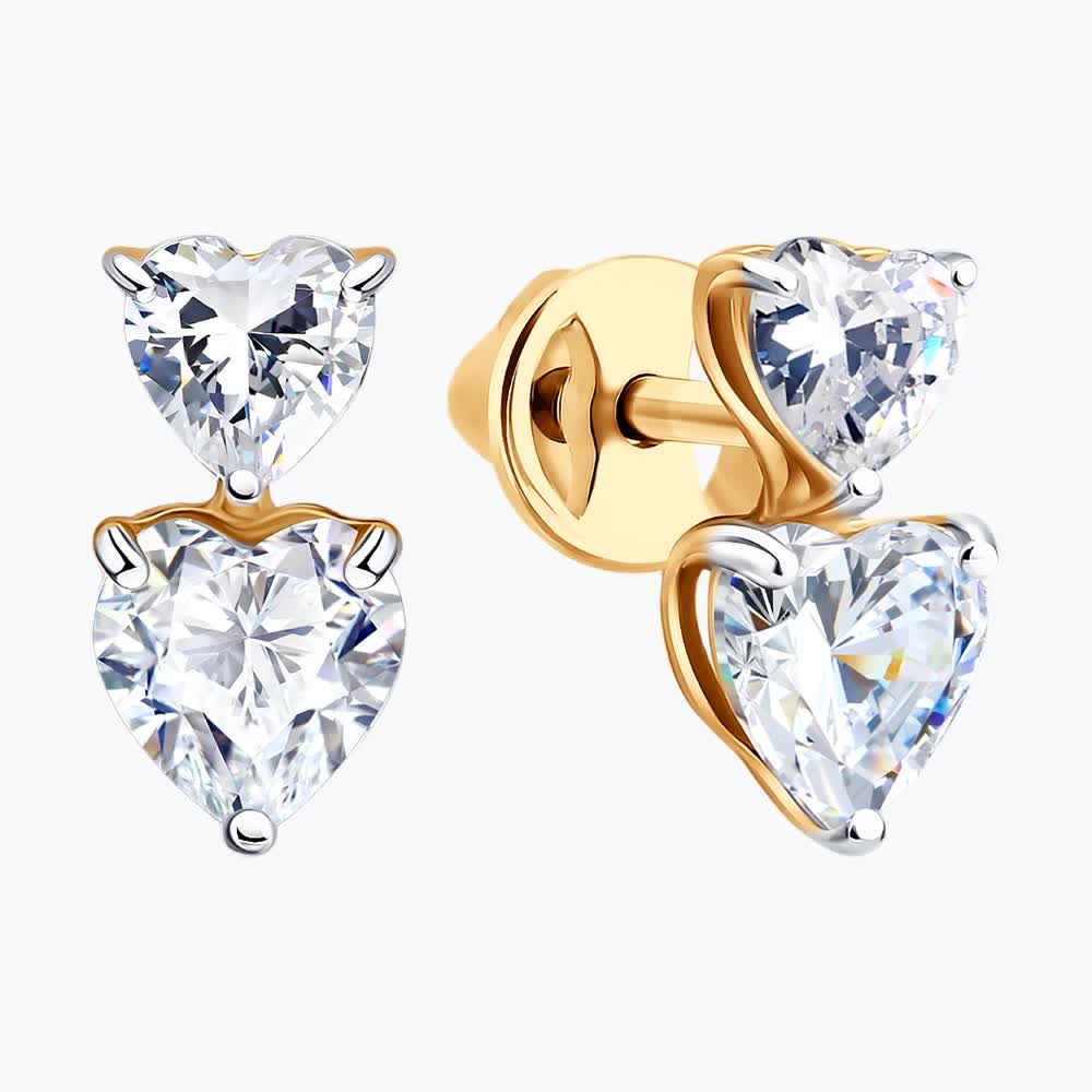 SOKOLOV 0200958 Women's Earrings, 585 Red Gold, Heart-shaped Colorless Cubic Zirconia 4x4 mm, Stud Clasp, Spring-Summer 2026 Collection