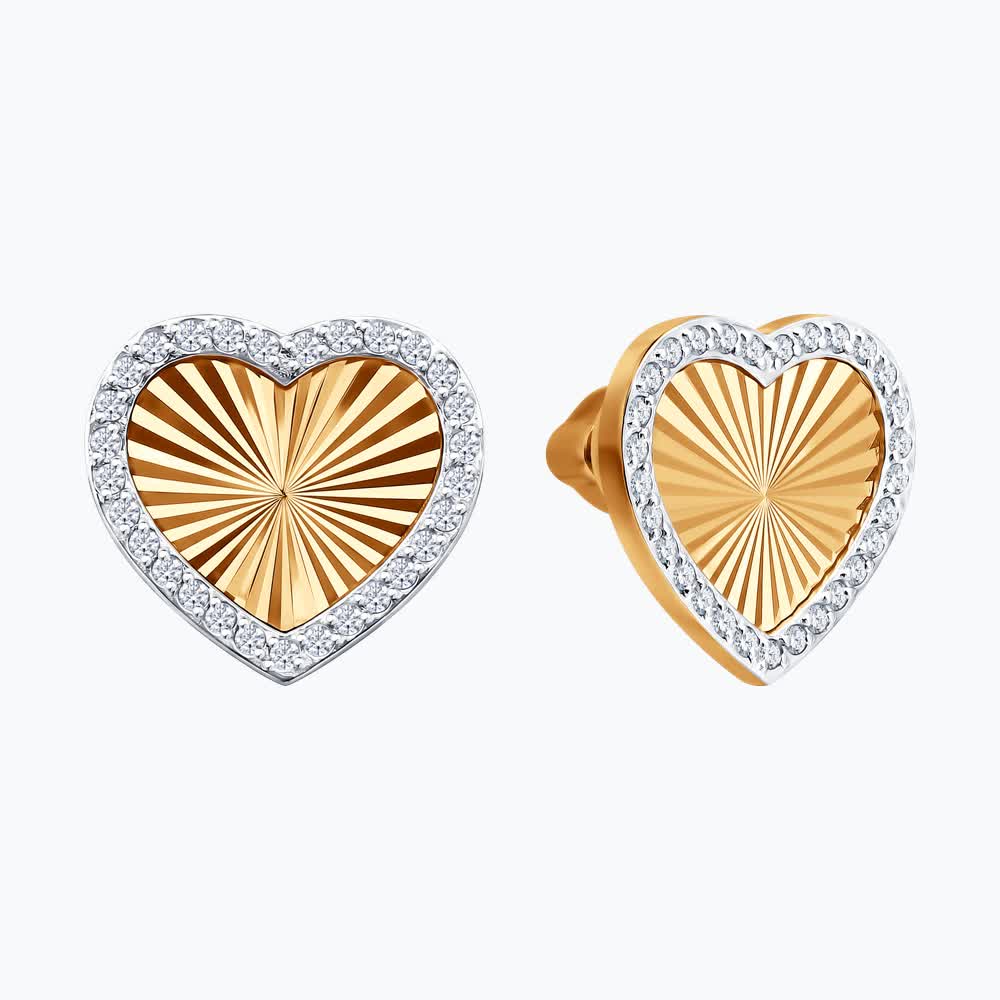 Cercei SOKOLOV 0200731-4 pentru femei, formă de inimă, aur roșu 375 cu zirconiu cubic, design cu raze solare, închidere tip șurub, 13x12 mm, 2.01g