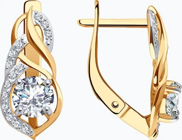 Серьги Diamant 51-120-02191-1 для женщин, красное золото 585 пробы, 28 круглых бесцветных фианитов, 0.252 карата, английский замок, 2.59 г