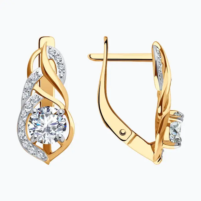 Серьги Diamant 51-120-02191-1 для женщин, красное золото 585 пробы, 28 круглых бесцветных фианитов, 0.252 карата, английский замок, 2.59 г