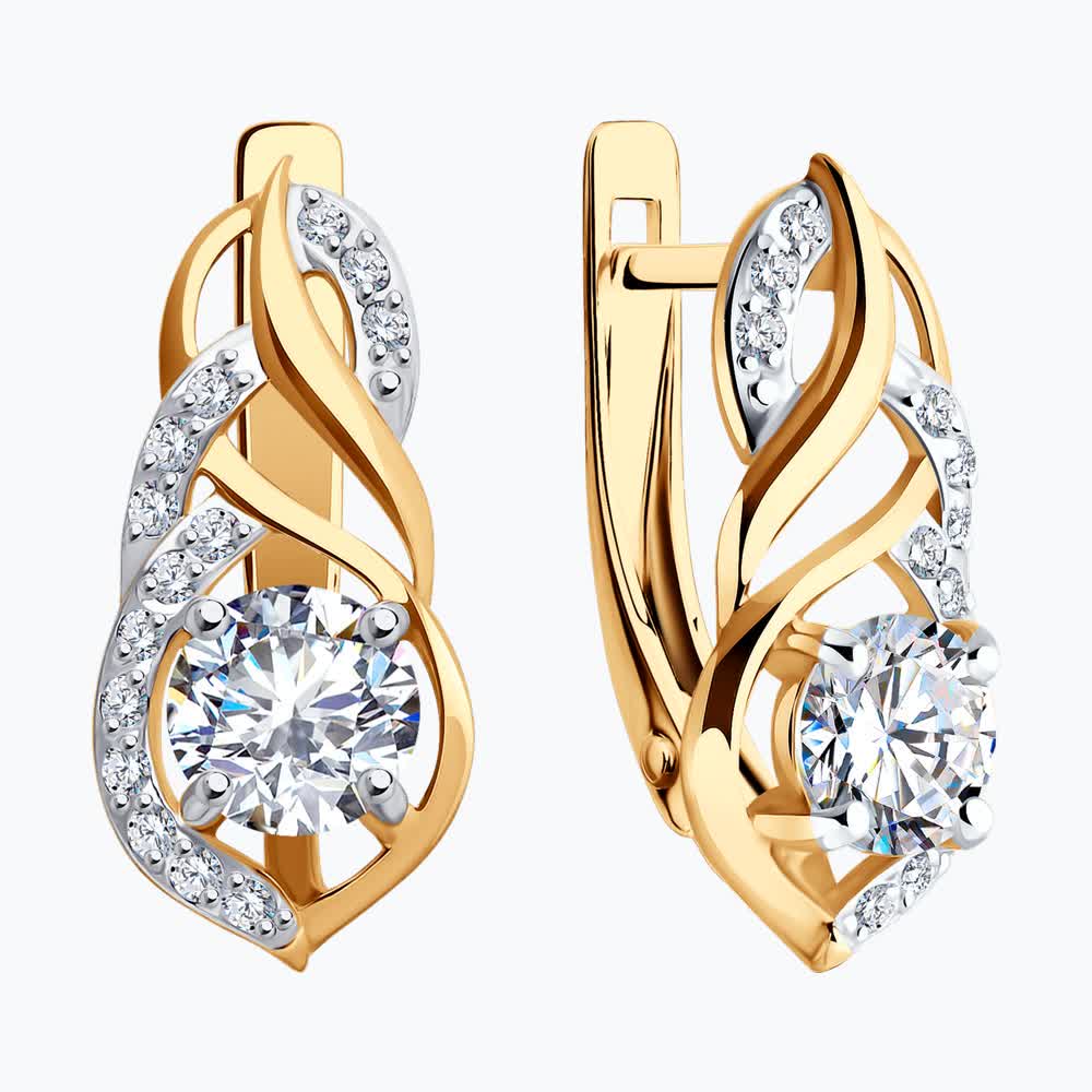 Серьги Diamant 51-120-02191-1 для женщин, красное золото 585 пробы, 28 круглых бесцветных фианитов, 0.252 карата, английский замок, 2.59 г