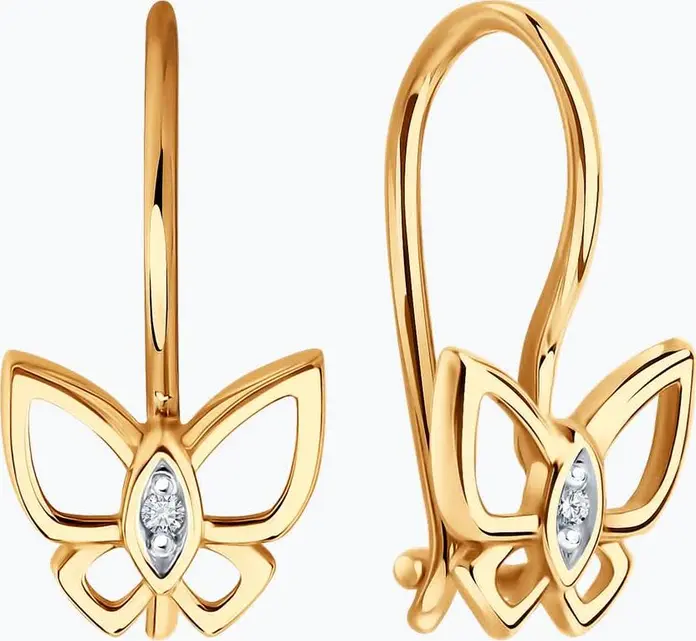 Детские серьги в форме бабочки Diamant 51-120-02808-1, красное золото 585 пробы, круглый бесцветный кубический цирконий 1 мм, французский замок, 15x8x2 мм