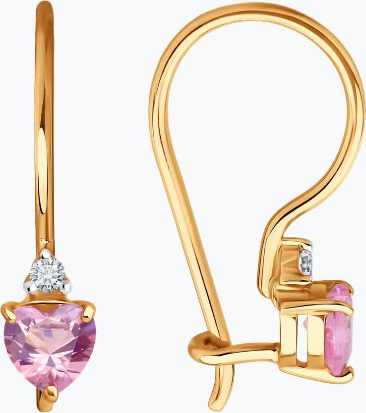 Cercei copii Diamant 51-120-02845-1, Aur Roșu 585, Zirconiu Cubic Roz formă Inimă, Închidere Franceză, Stil Casual, 1.16g