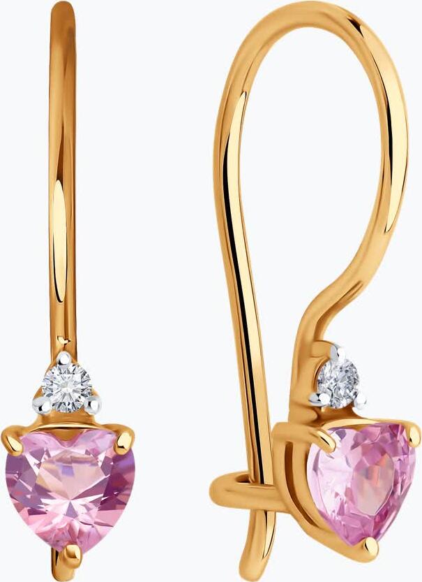Cercei copii Diamant 51-120-02845-1, Aur Roșu 585, Zirconiu Cubic Roz formă Inimă, Închidere Franceză, Stil Casual, 1.16g