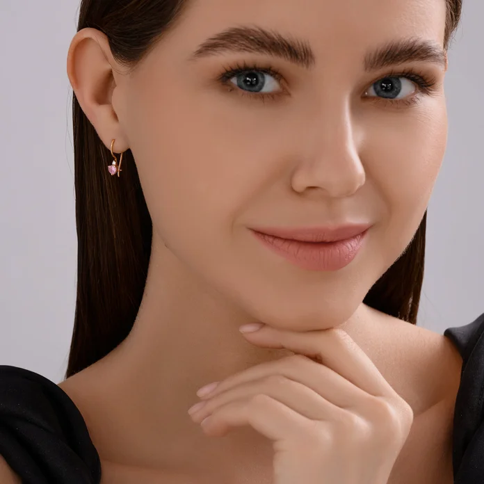 Cercei copii Diamant 51-120-02845-1, Aur Roșu 585, Zirconiu Cubic Roz formă Inimă, Închidere Franceză, Stil Casual, 1.16g