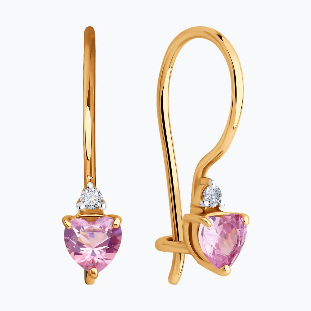 Cercei copii Diamant 51-120-02845-1, Aur Roșu 585, Zirconiu Cubic Roz formă Inimă, Închidere Franceză, Stil Casual, 1.16g