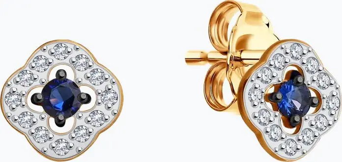 SOKOLOV 0200032 Women's Clover Stud Earrings, 375 Red Gold, Blue and White Cubic Zirconia, 8mm