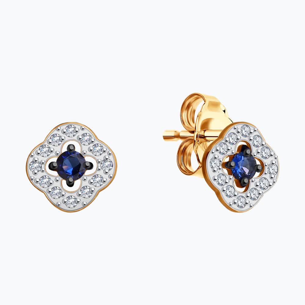 SOKOLOV 0200032 Women's Clover Stud Earrings, 375 Red Gold, Blue and White Cubic Zirconia, 8mm