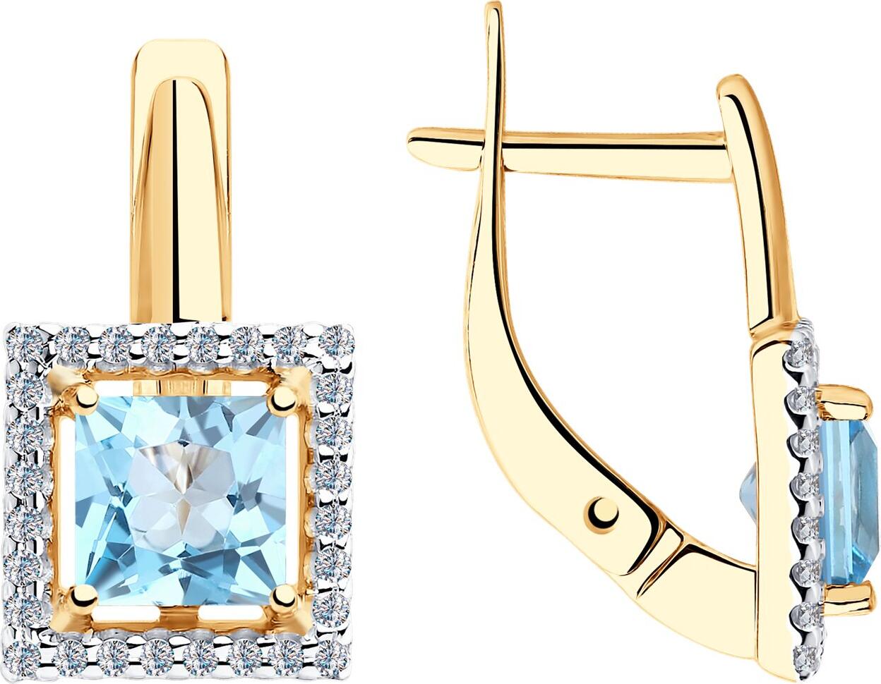 Cercei Diamant colecția SOKOLOV 51-320-00294-1 pentru femei, Aur Roșu 585, cu Topaz și Zirconiu Cubic, Pietre Rotunde Incolore, Închidere Englezească, 2.7g